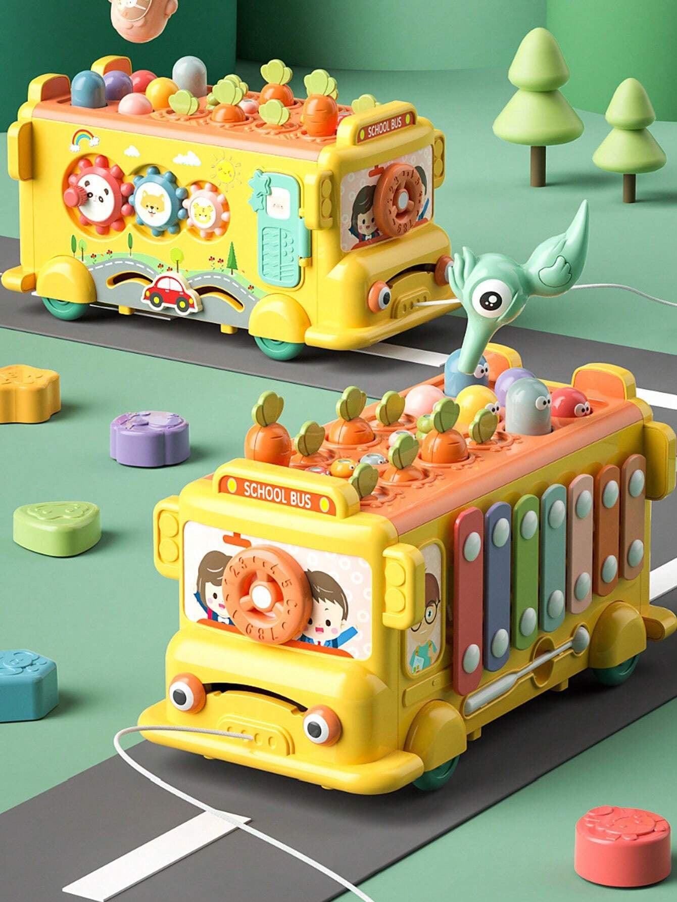 WOOPIE BABY interaktyvus Montessori mokomasis autobusas 6in1 Hammer cimbolai +18 m